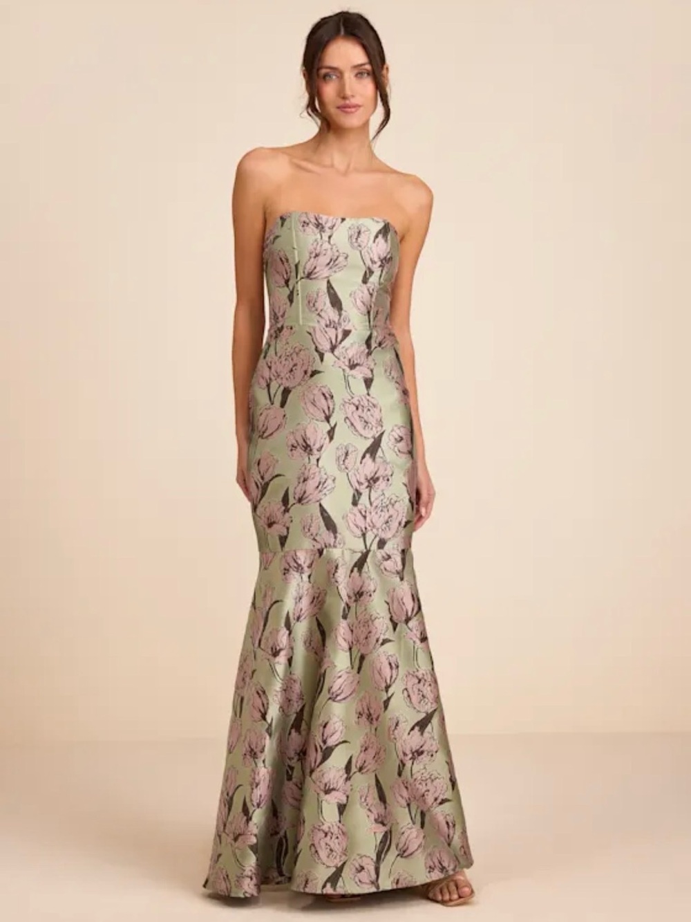 Lulu's Strapless Floral Jacquard Mermaid Gown in Sage and Blush - NWOT!